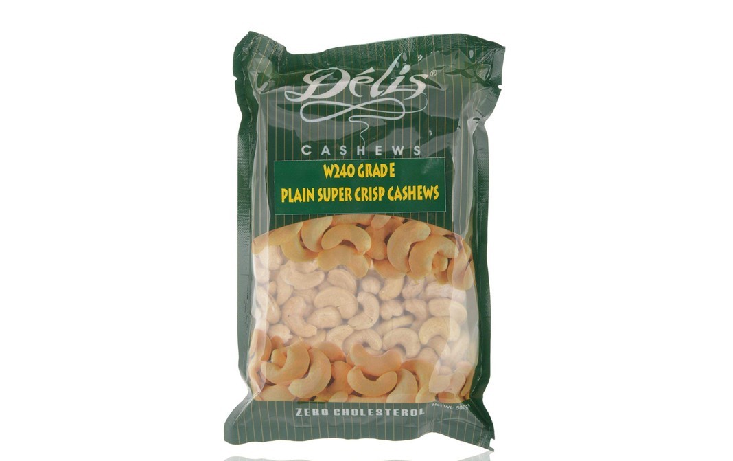 Delis W240 Grade Plain Super Crisp Cashews   Pack  500 grams